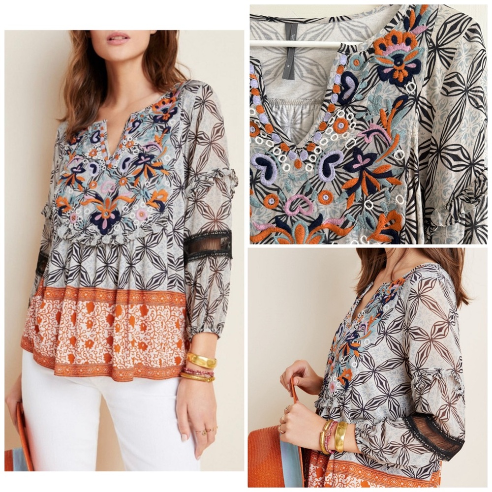 Anthropologie Embroidered Terri Top | Size XS